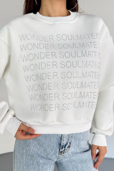 SWT-231 Beyaz Wonder Soulmate Is Taş Yazı Baskılı Sweatshirt - 4