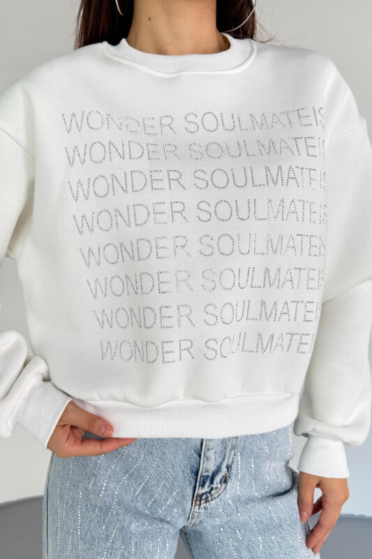 SWT-231 Beyaz Wonder Soulmate Is Taş Yazı Baskılı Sweatshirt - 4