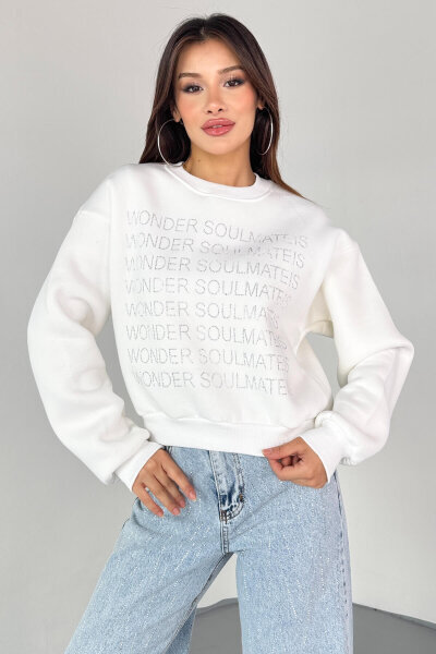 SWT-231 Beyaz Wonder Soulmate Is Taş Yazı Baskılı Sweatshirt - 5
