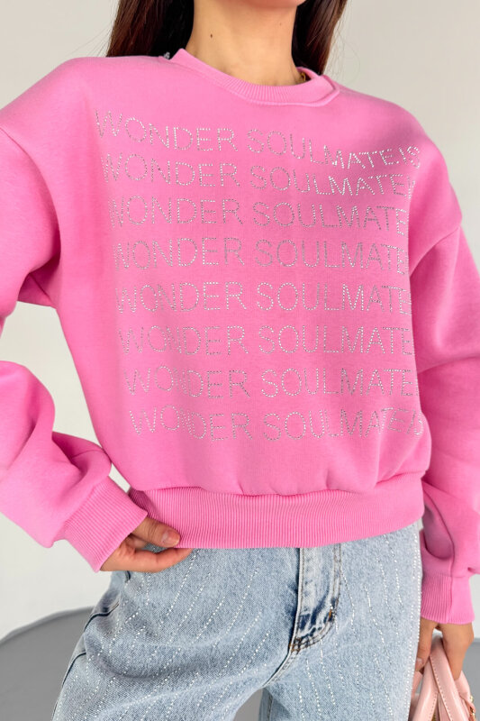 SWT-231 Pembe Wonder Soulmate Is Taş Yazı Baskılı Sweatshirt - 3