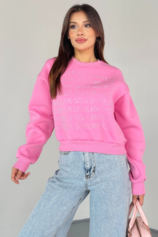 SWT-231 Pembe Wonder Soulmate Is Taş Yazı Baskılı Sweatshirt - 1