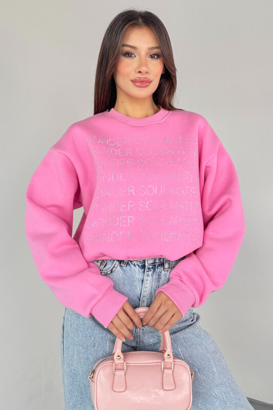 SWT-231 Pembe Wonder Soulmate Is Taş Yazı Baskılı Sweatshirt - 4
