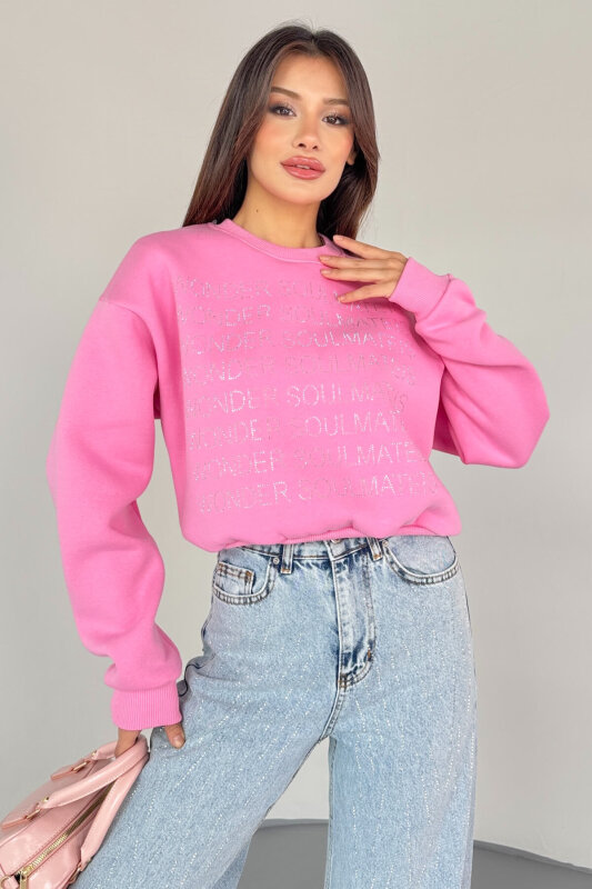 SWT-231 Pembe Wonder Soulmate Is Taş Yazı Baskılı Sweatshirt - 5