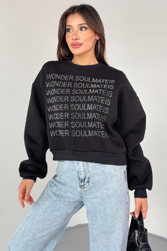SWT-231 Siyah Wonder Soulmate Is Taş Yazı Baskılı Sweatshirt - 1
