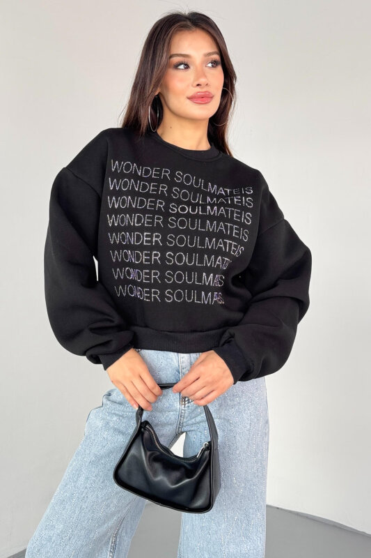 SWT-231 Siyah Wonder Soulmate Is Taş Yazı Baskılı Sweatshirt - 2