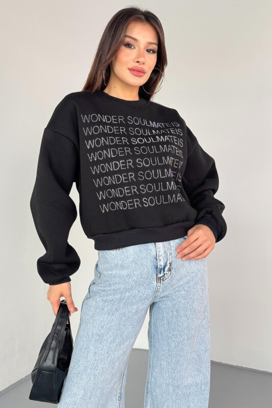 SWT-231 Siyah Wonder Soulmate Is Taş Yazı Baskılı Sweatshirt - 3