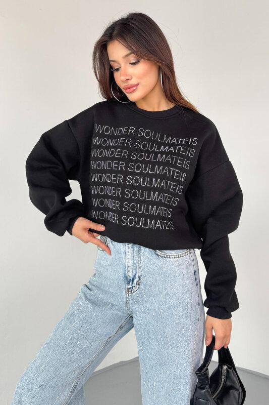 SWT-231 Siyah Wonder Soulmate Is Taş Yazı Baskılı Sweatshirt - 4