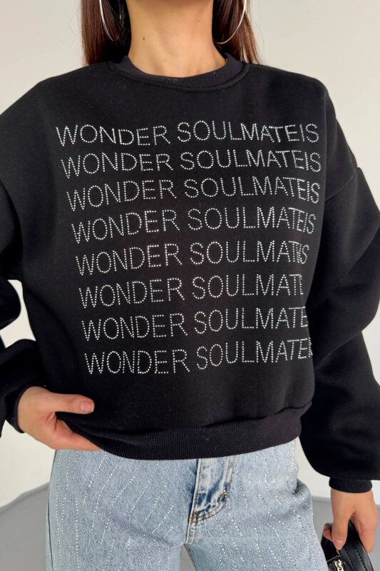SWT-231 Siyah Wonder Soulmate Is Taş Yazı Baskılı Sweatshirt - 6
