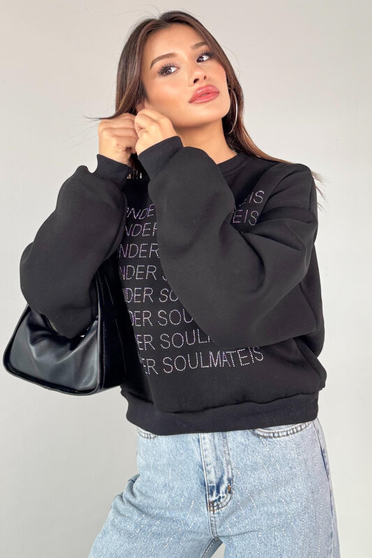 SWT-231 Siyah Wonder Soulmate Is Taş Yazı Baskılı Sweatshirt - 7