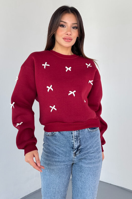 SWT-232 Bordo Kurdale Süslemeli Sweatshirt - 2