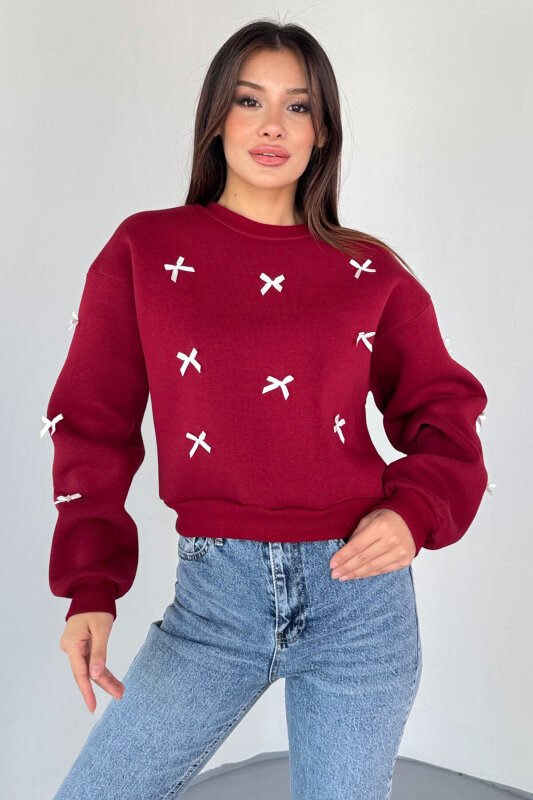 SWT-232 Bordo Kurdale Süslemeli Sweatshirt - 3