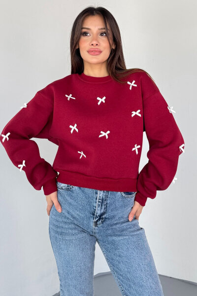 SWT-232 Bordo Kurdale Süslemeli Sweatshirt - 4