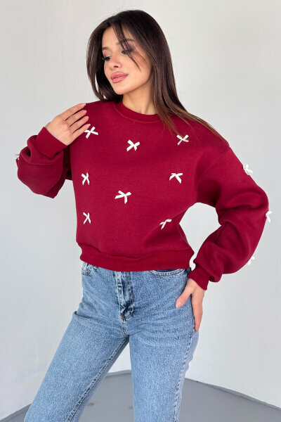 SWT-232 Bordo Kurdale Süslemeli Sweatshirt 