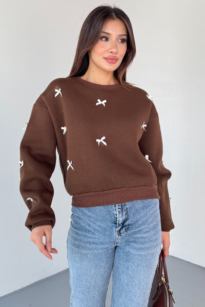 SWT-232 Kahverengi Kurdale Süslemeli Sweatshirt - 4