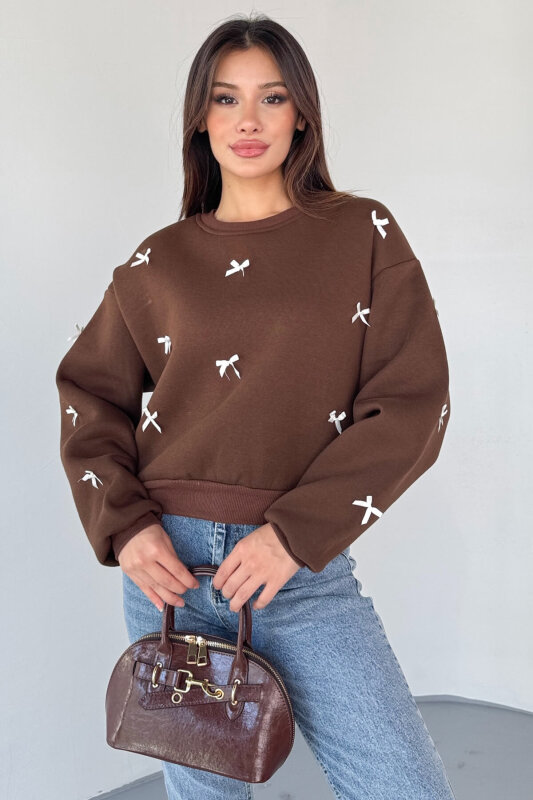 SWT-232 Kahverengi Kurdale Süslemeli Sweatshirt - 1