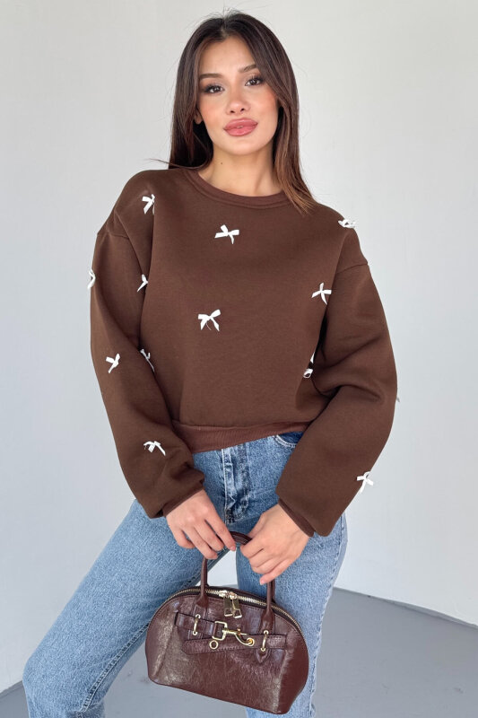 SWT-232 Kahverengi Kurdale Süslemeli Sweatshirt - 2