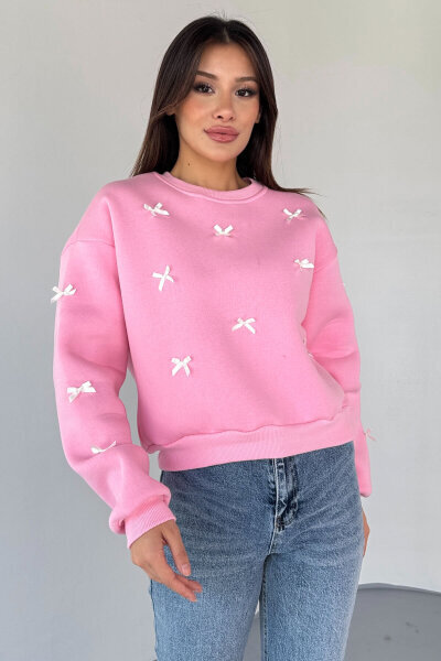 SWT-232 Pembe Kurdale Süslemeli Sweatshirt - 1