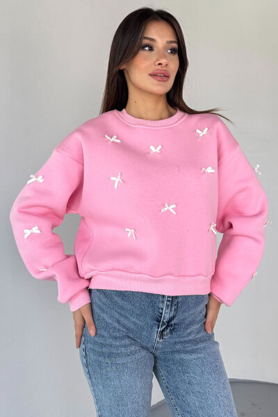 SWT-232 Pembe Kurdale Süslemeli Sweatshirt - 5