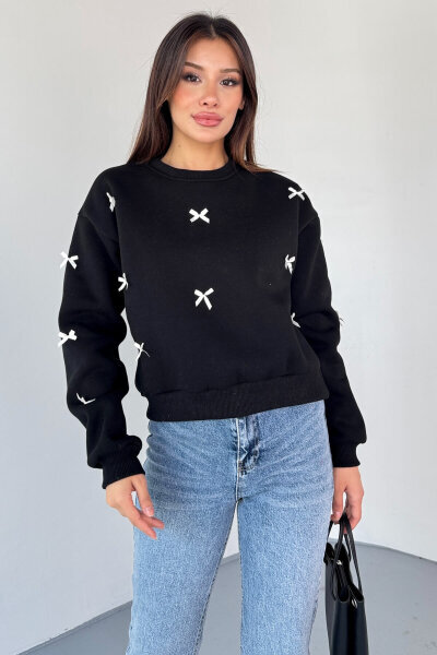 SWT-232 Siyah Kurdale Süslemeli Sweatshirt 