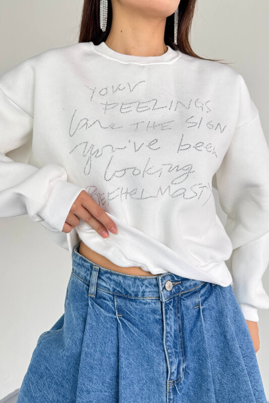 SWT-233 Beyaz El Yazısı Taş İşlemeli Sweatshirt - 3