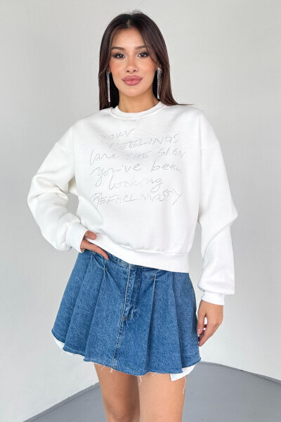 SWT-233 Beyaz El Yazısı Taş İşlemeli Sweatshirt - 4