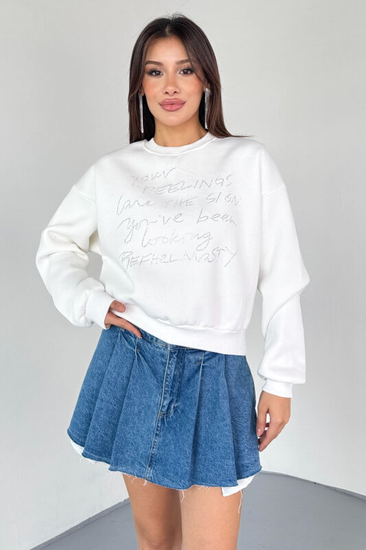 SWT-233 Beyaz El Yazısı Taş İşlemeli Sweatshirt - 4