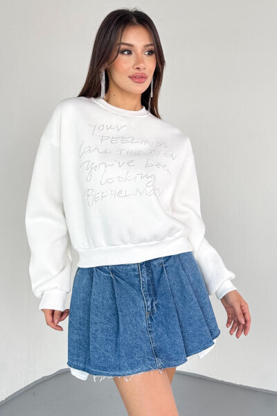SWT-233 Beyaz El Yazısı Taş İşlemeli Sweatshirt - 5
