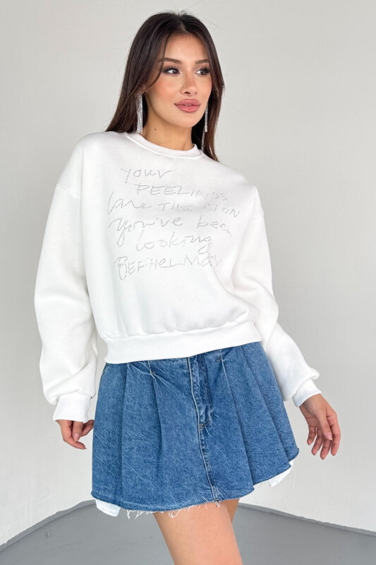 SWT-233 Beyaz El Yazısı Taş İşlemeli Sweatshirt - 5