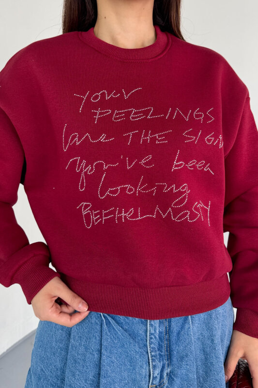 SWT-233 Bordo El Yazısı Taş İşlemeli Sweatshirt - 2