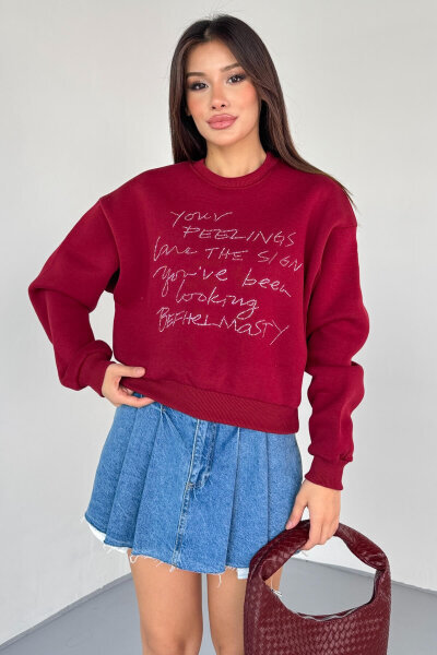 SWT-233 Bordo El Yazısı Taş İşlemeli Sweatshirt - 4