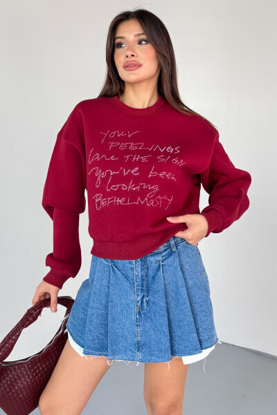 SWT-233 Bordo El Yazısı Taş İşlemeli Sweatshirt 