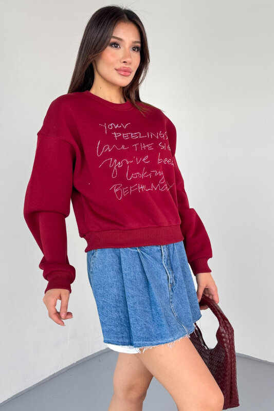 SWT-233 Bordo El Yazısı Taş İşlemeli Sweatshirt - 5