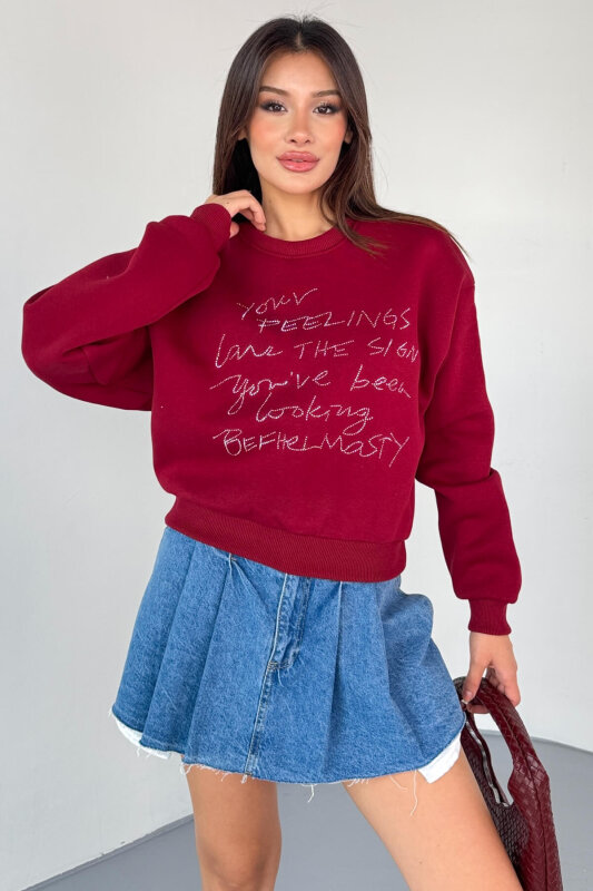 SWT-233 Bordo El Yazısı Taş İşlemeli Sweatshirt - 6