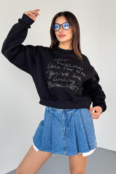 SWT-233 Siyah El Yazısı Taş İşlemeli Sweatshirt - 2