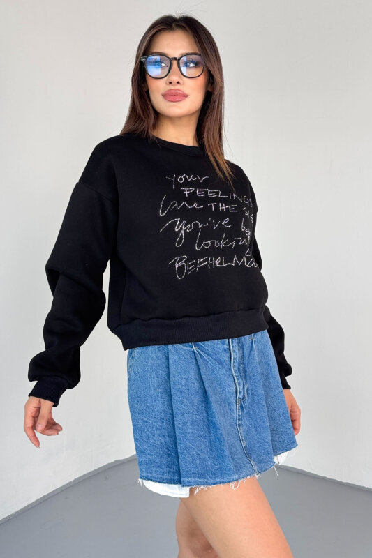 SWT-233 Siyah El Yazısı Taş İşlemeli Sweatshirt - 3
