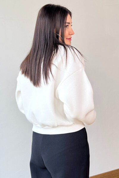 SWT-240 Beyaz Brooklyn Baskılı Üç İplik Şardonlu Sweatshirt - 3