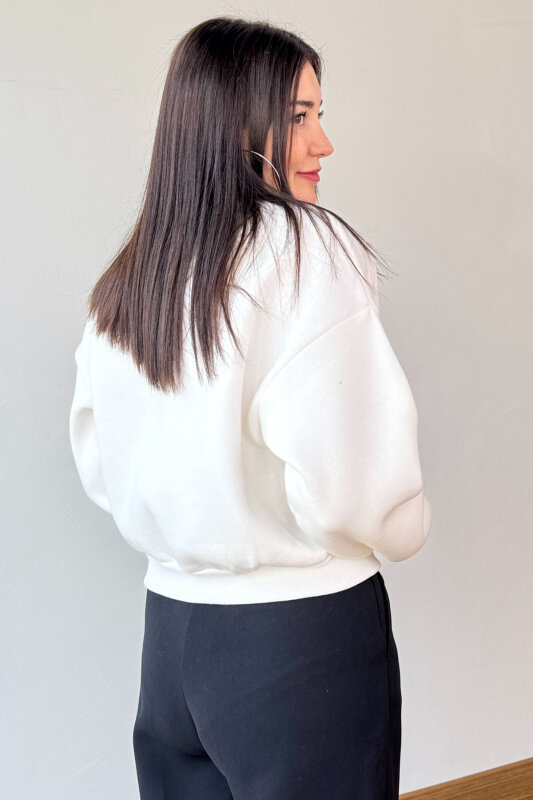 SWT-240 Beyaz Brooklyn Baskılı Üç İplik Şardonlu Sweatshirt - 3
