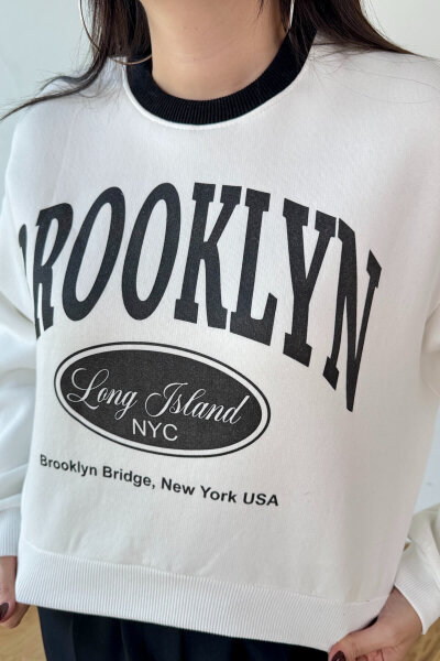 SWT-240 Beyaz Brooklyn Baskılı Üç İplik Şardonlu Sweatshirt - 2