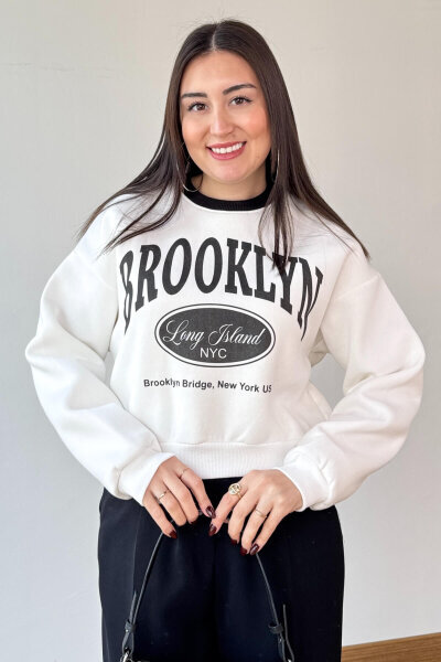 SWT-240 Beyaz Brooklyn Baskılı Üç İplik Şardonlu Sweatshirt - 4
