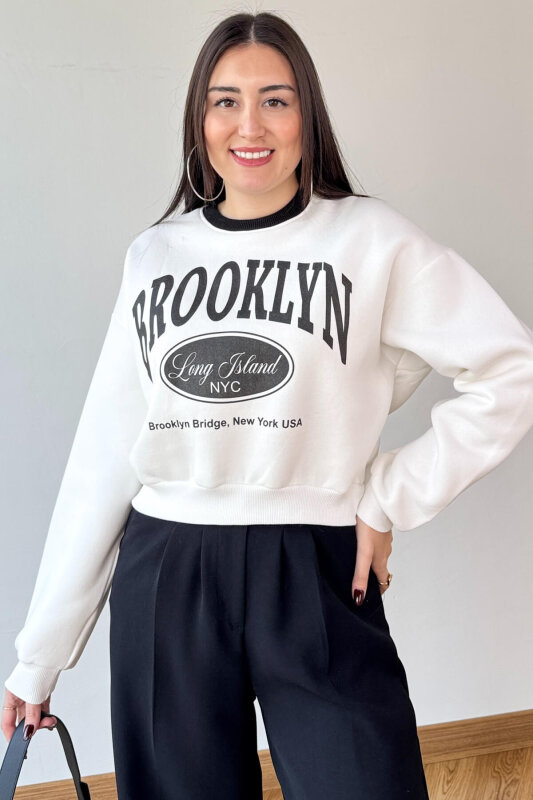SWT-240 Beyaz Brooklyn Baskılı Üç İplik Şardonlu Sweatshirt - 5