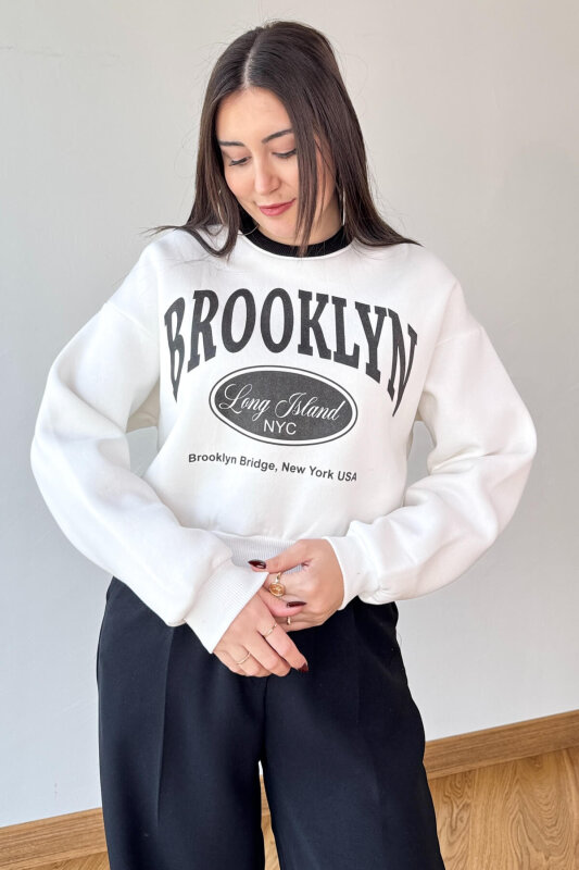 SWT-240 Beyaz Brooklyn Baskılı Üç İplik Şardonlu Sweatshirt - 1