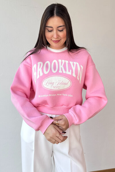 SWT-240 Pembe Brooklyn Baskılı Üç İplik Şardonlu Sweatshirt 