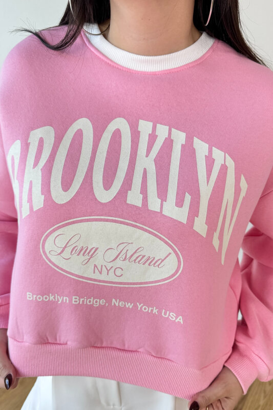 SWT-240 Pembe Brooklyn Baskılı Üç İplik Şardonlu Sweatshirt - 2