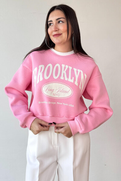 SWT-240 Pembe Brooklyn Baskılı Üç İplik Şardonlu Sweatshirt - 3