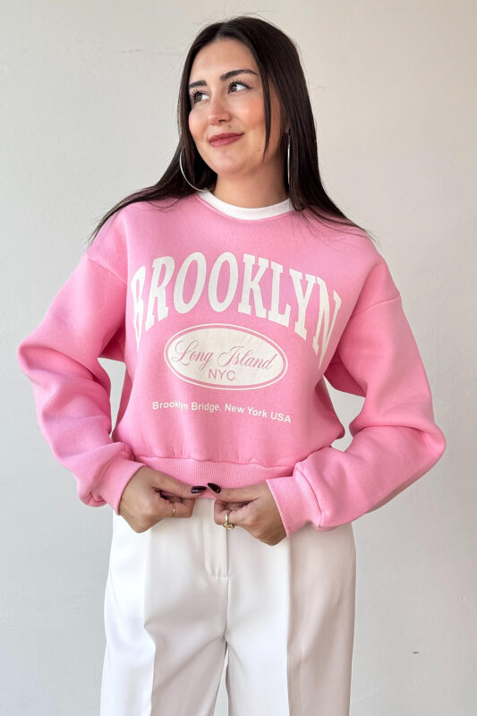 SWT-240 Pembe Brooklyn Baskılı Üç İplik Şardonlu Sweatshirt - 3