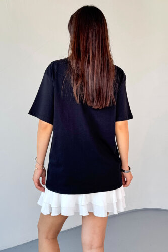 T-910 Siyah Ateş Nakışlı Kısa Kollu Salaş Pamuklu Tişört - 3