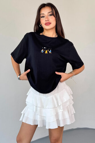 T-910 Siyah Ateş Nakışlı Kısa Kollu Salaş Pamuklu Tişört - 4