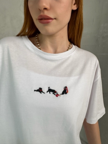 T-912 Beyaz Köpek Nakış İşlemeli Bisiklet Yaka Tişört - Cappmoda