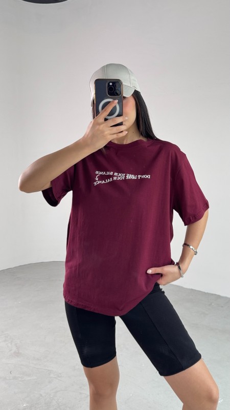 T-926 Bordo Dont Lose Yazılı Enjeksiyon Baskı Bisiklet Yaka Tişört - 4