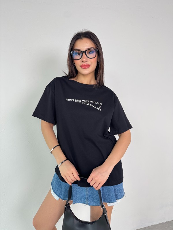 T-926 Siyah Dont Lose Yazılı Enjeksiyon Baskı Bisiklet Yaka Tişört - 4